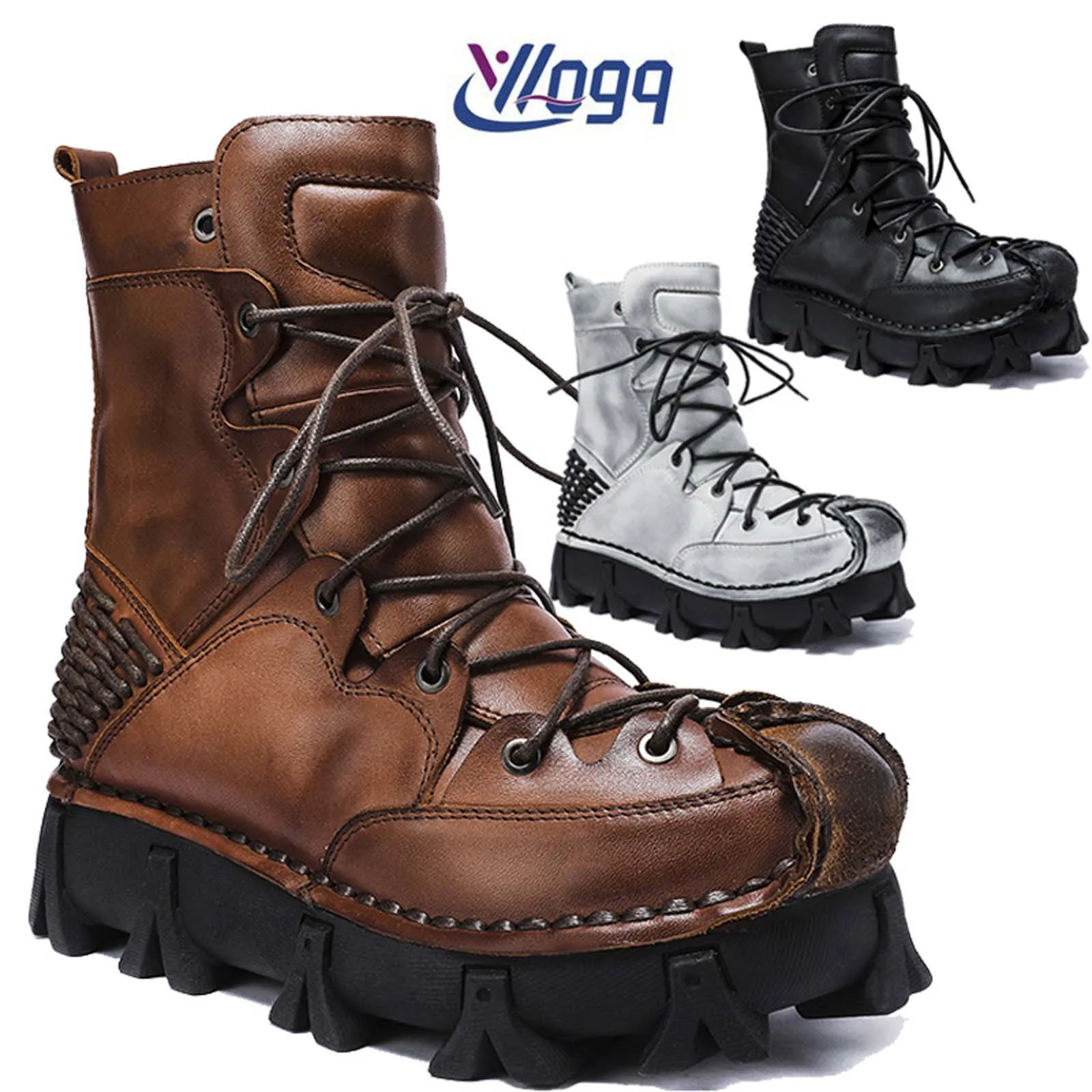 Guipure Lace Panel - Fashion Genuine Leather Motorcycle Boots High-top